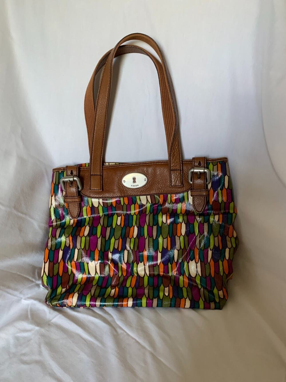 Fossil Genuine Leather Keyper Multi-Color Feather Tote Handbag Women's Purse